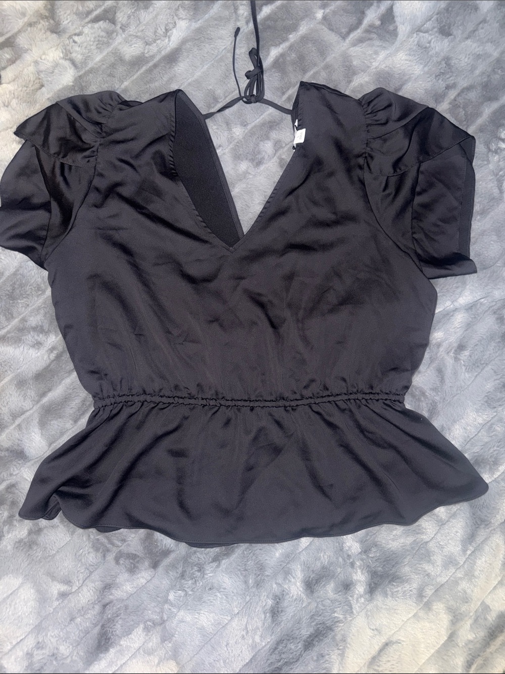 Nine West Black V-Neck Peplum Blouse with Puff Sleeves